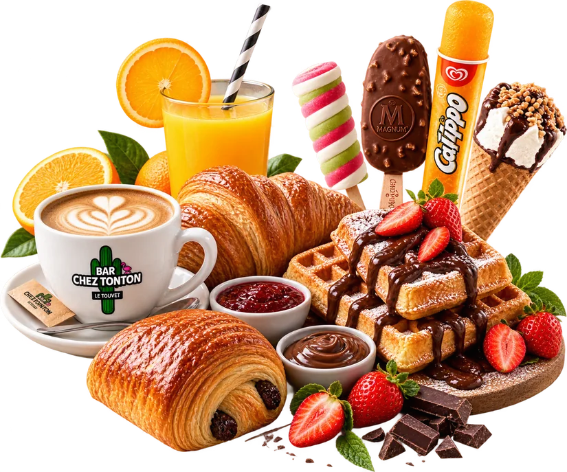 Le petit déjeuner, les gaufres et les glaces.