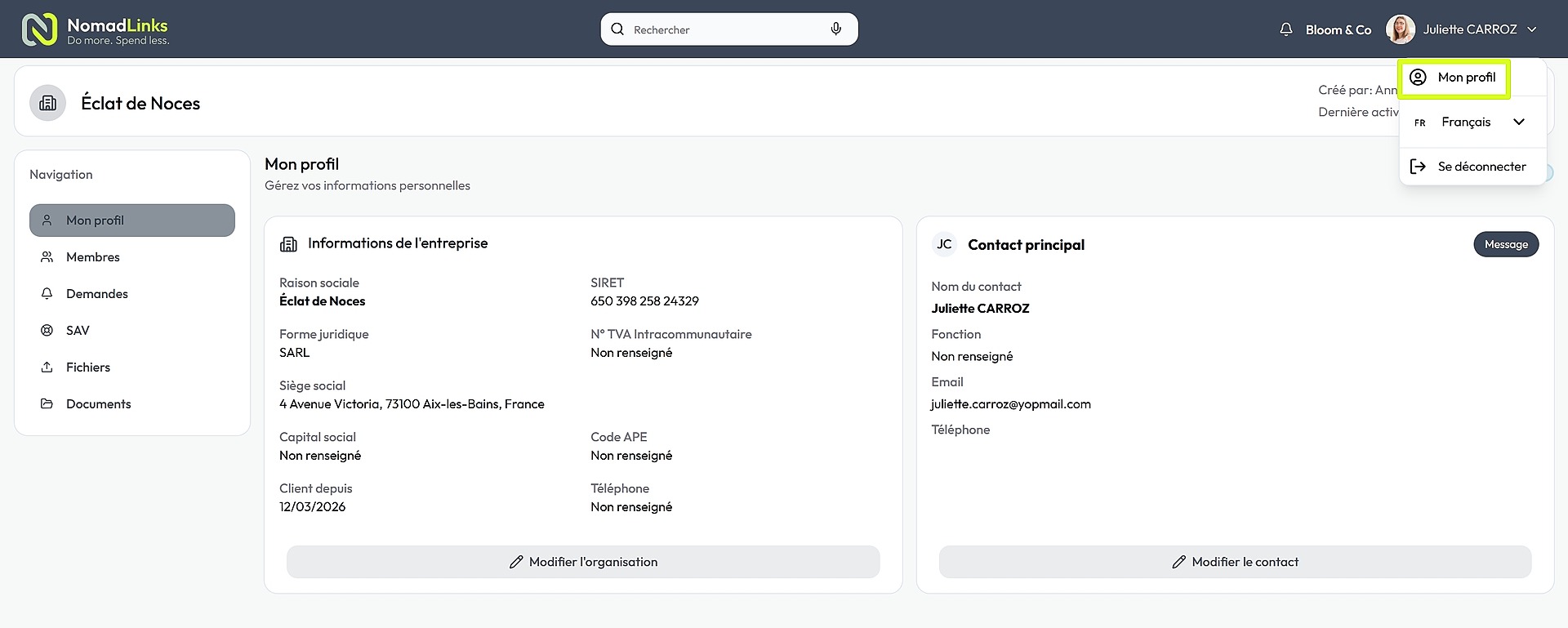 Accéder à 'Mon profil' depuis le menu utilisateur