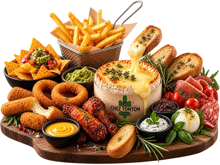 La grande planche mixte : frites, nachos, wings, camembert rôti.