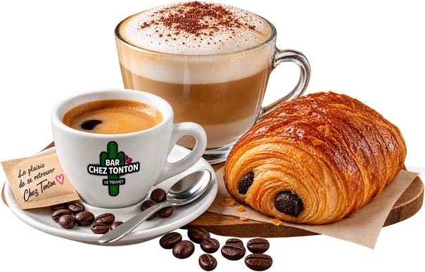 Un expresso, un cappuccino et une viennoiserie.